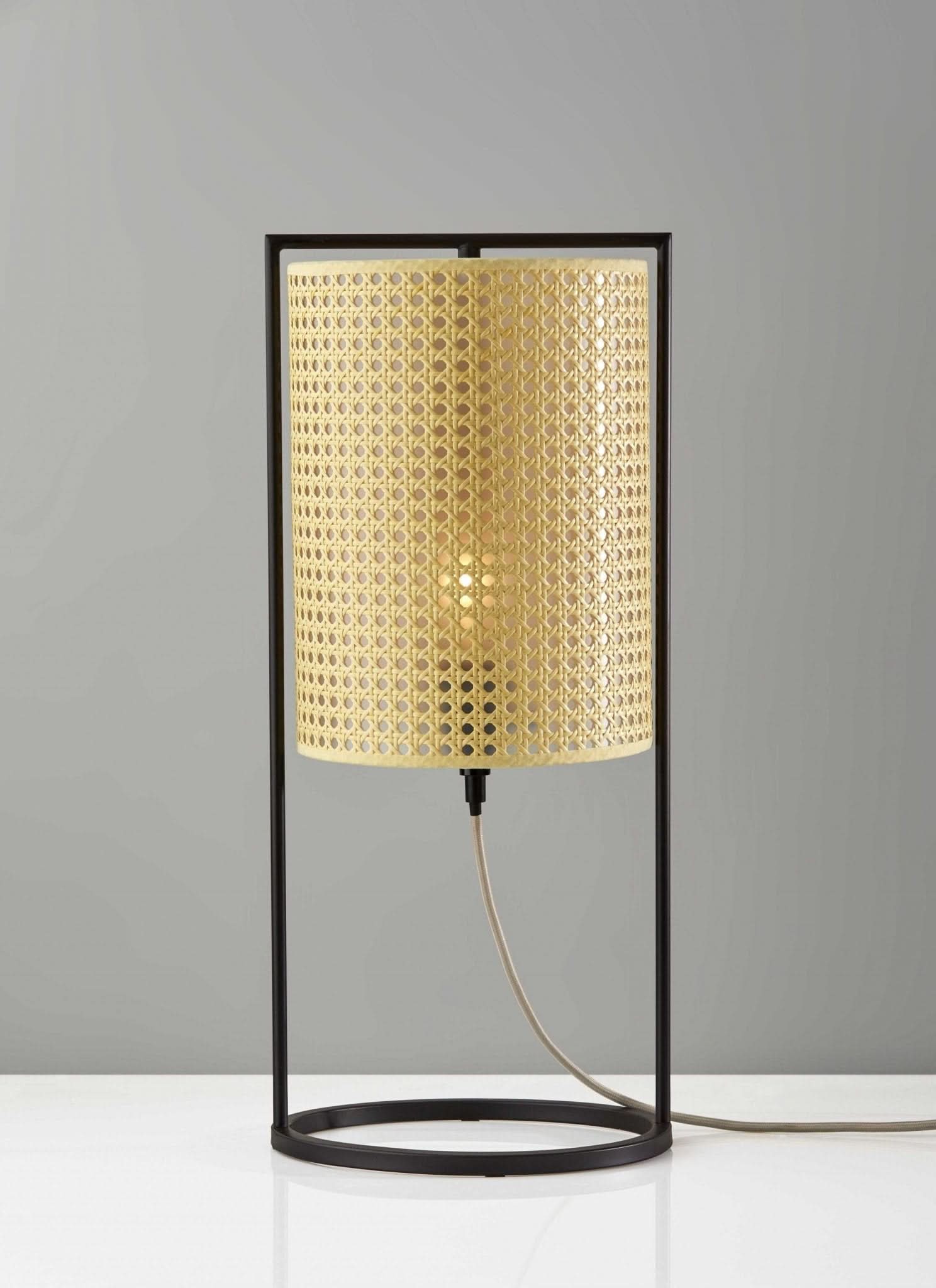 Tall Cane Shade Table Lamp with black frame and woven natural shade